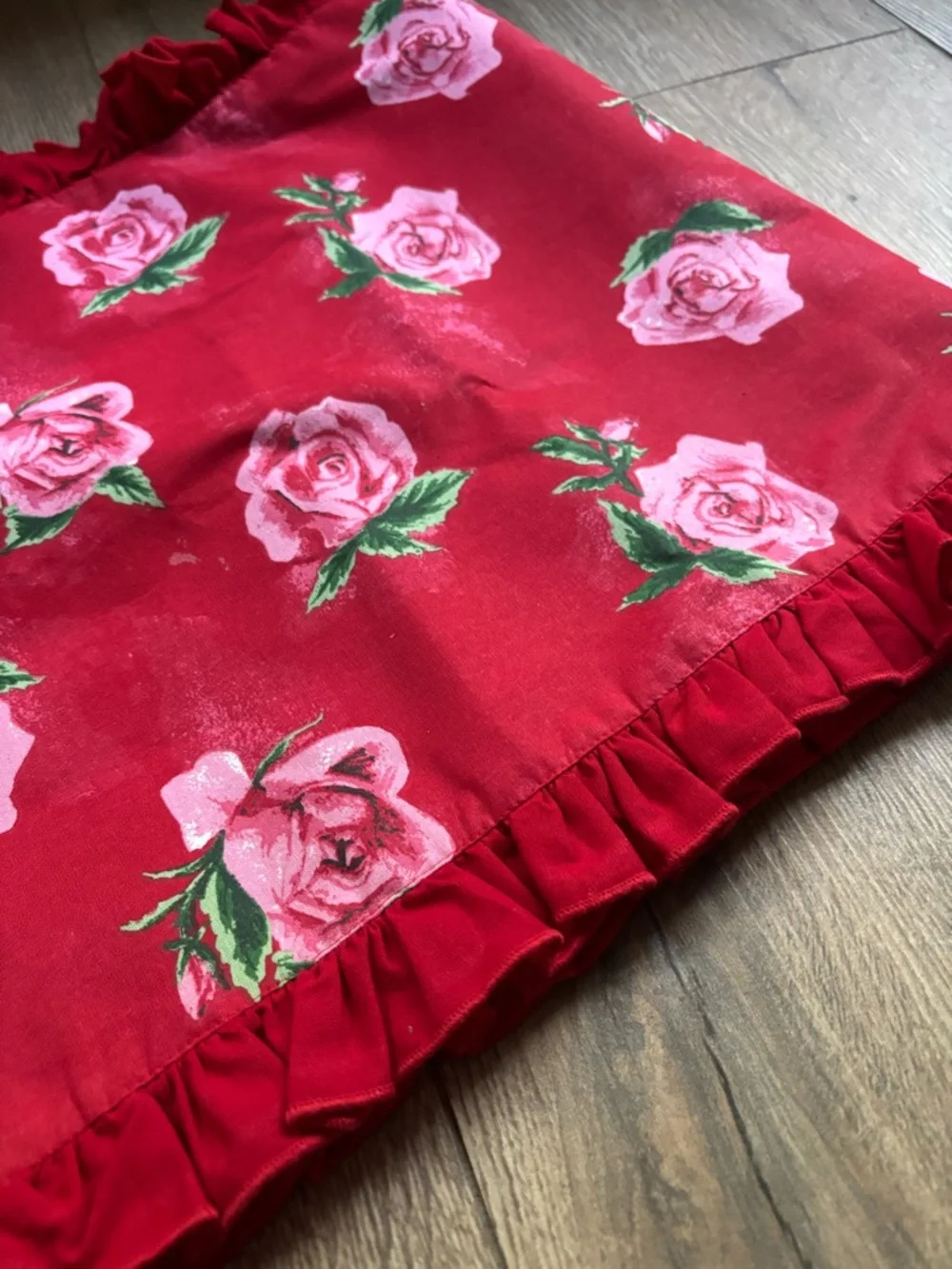 Red Floral Ruffled Rose Table Runner 74x17 Rectangle Reversible Stripe